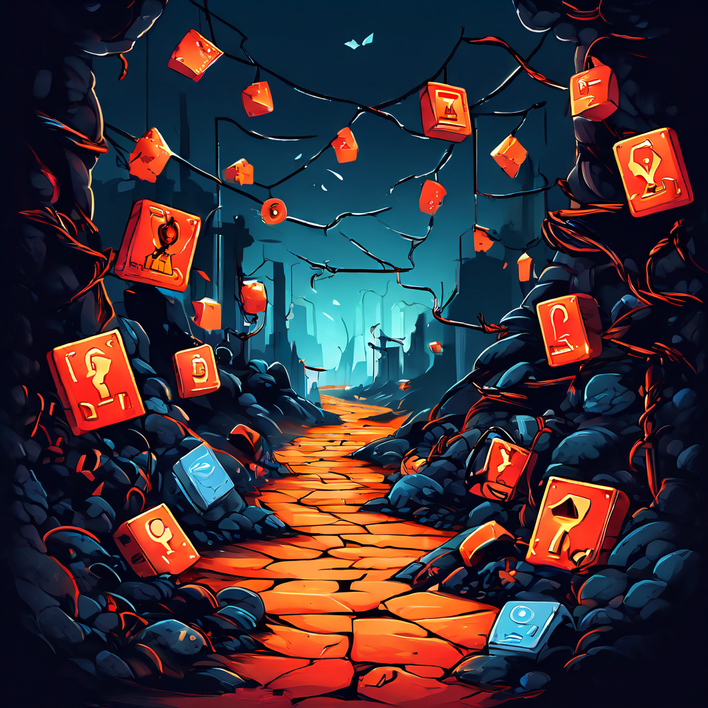 온라인에서 도박, 허위 리뷰, 보안이 취약한 사이트와 같은 위험 요소를 만날 수 있는 위험한 경로를 주사위, 깨진 자물쇠 등 경고 표지판과 함께 안내하는 개념 일러스트입니다.