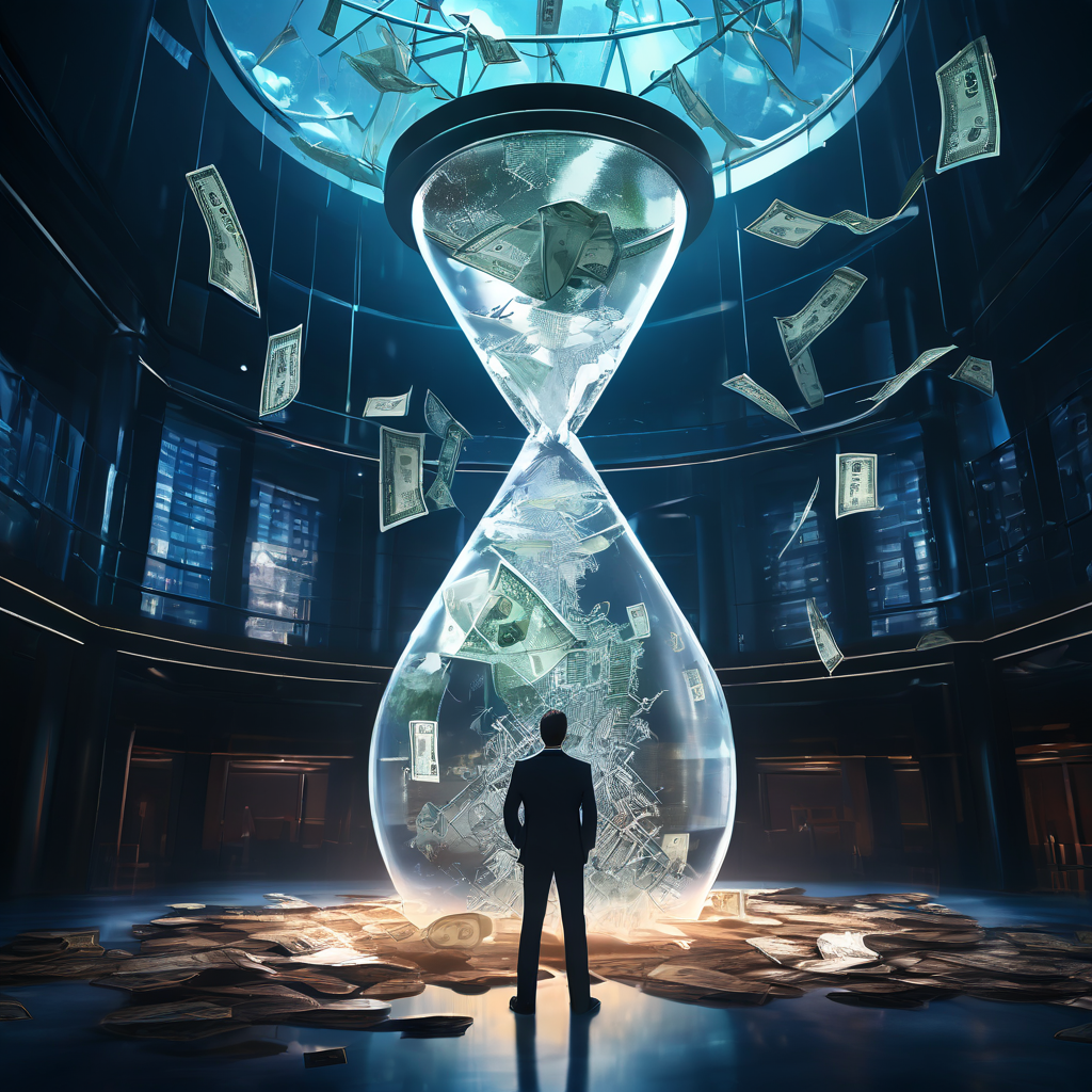 금융 거래 현장에서 거대한 모래시계가 천장에 매달려 금전 기호가 응고된 채 균열이 가 있는 모습을 바라보고 있는 사람의 모습은 시장의 시간 압박과 자본 흐름의 경직성을 상징적으로 표현합니다.