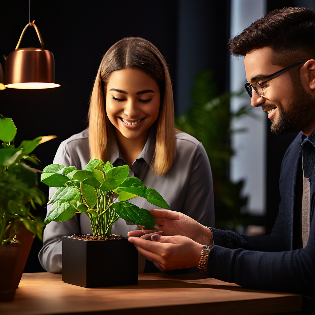 신규 고객이 서비스 상담원의 따뜻한 도움을 받으며 신뢰가 다리나 식물처럼 성장하는 모습을 상징적으로 표현한 고객 서비스 이미지입니다.