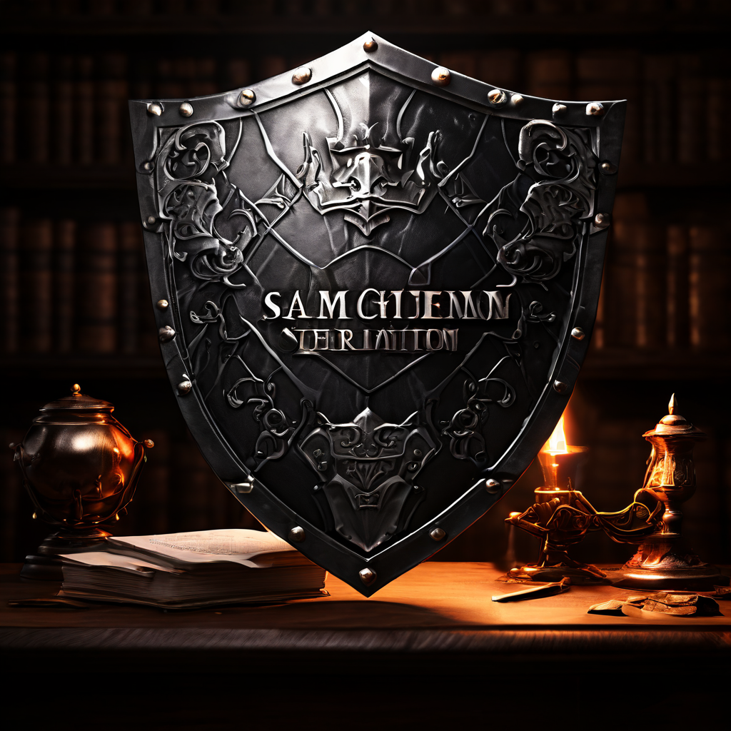 사기 검증 서비스라고 표시된 방패에 법적 문서와 도메인명 변경이 어두운 그림자를 드리우며 신뢰를 위협하는 상황을 상징적으로 묘사한 이미지입니다.