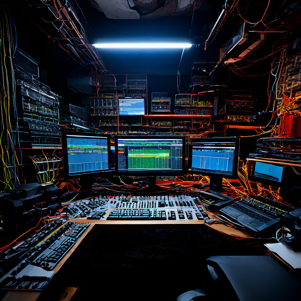 A professional documentary style photo of a casino surveillance room with a blurred laptop and multiple blank monitors on a desk, 
