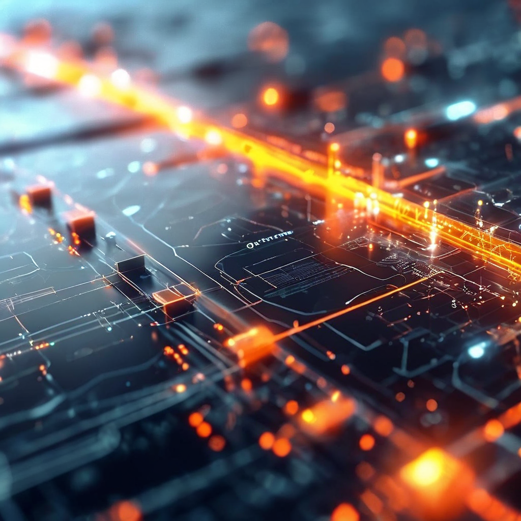 Futuristic digital platform interface showing layered data paths and secure online service flow.