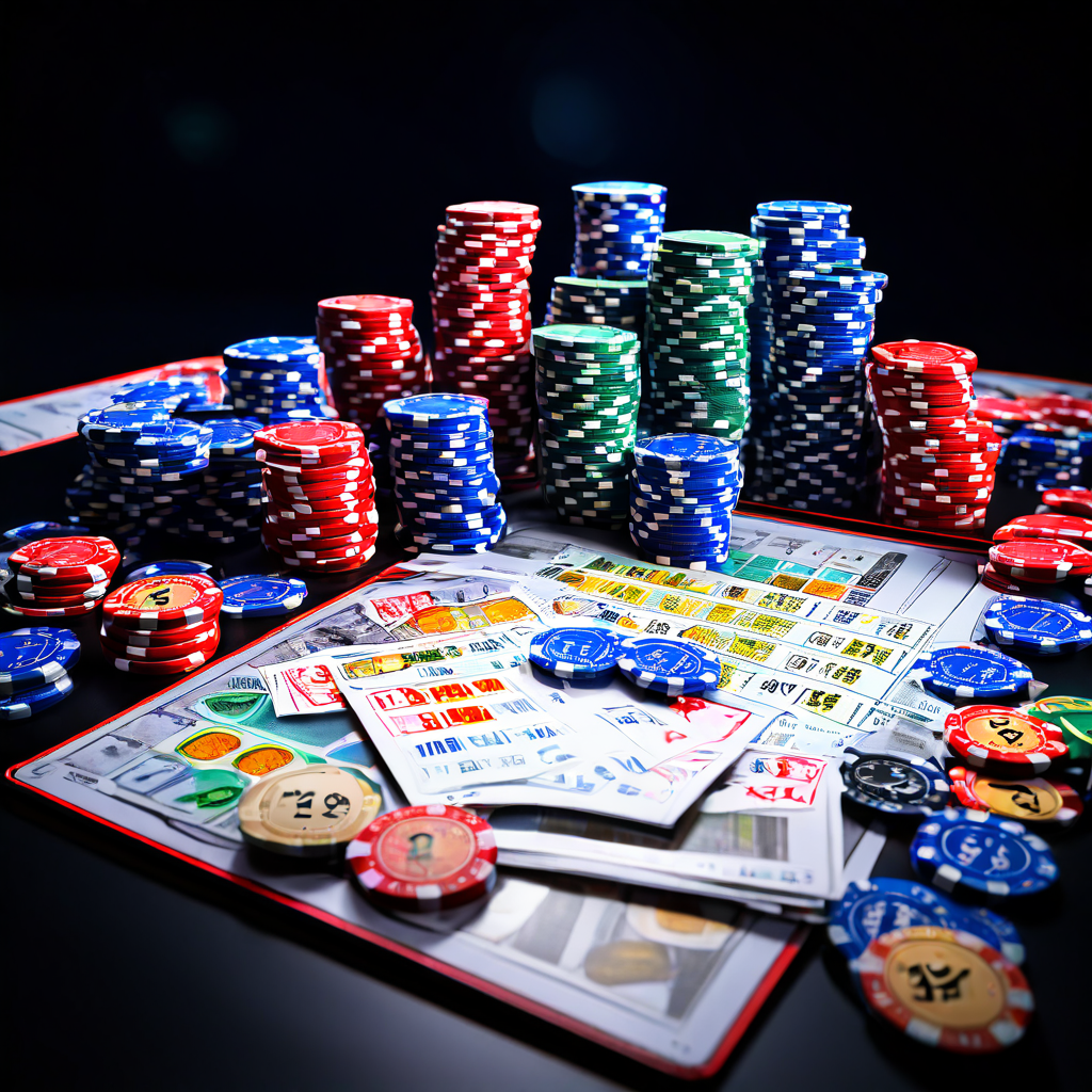 A professional monitoring desk setup with a blurred laptop screen showing a sports dashboard, casino felt table with scattered chi